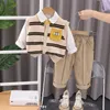 Clothing Sets Spring Autumn Children Boy 3PCS Clothes Set Striped Shirt Patch Sweater Vest Solid Cargo Pant Baby Suit Kid Outfits 231102