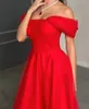 Sukienki imprezowe Klasyczne krótkie czerwone tiul Evening Dresse A-line satynowa satyna na ramieniu Długość balowa sukienka z pociągiem dla kobiet