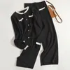 Calças femininas de duas peças elegante o-pescoço único cardigan feminino coreano perna larga de malha 2 conjuntos das mulheres streetwear solto calça ternos