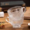 Glass Coffee Mugs with Handles Embossed Tea Cups Vintage Drinking Glassware for Water Milk Latte Cappuccino Dessert Beverage