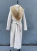 Women's Jackets RR1534 Beige Detached Big Fake Fur Collar Wool Blends Coats Womens X Long Loose Winter Wool Jackets Belt Tied On Waist Outwear 231101