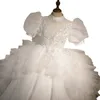 2023 carino abito da ballo in tulle abiti da ragazza di fiori applique in pizzo collo alto strass abito da spettacolo per bambini lunghezza del pavimento ragazze festa di compleanno per bambini fiori abito di compleanno