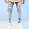 Men Male Ripped Biker Jeans White blue Knee Pleated Ankle Zipper Brand Slim Fit Cut Destroyed Skinny Jean Pants For Male Homme8136503