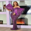 2023アラビア語aso ebi mermaid purpleプロムドレスクリスタルビーズイブニングドレススパンコールレースの誕生日婚約セカンドガウンドレス女性フォーマルウェアWD008