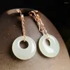 Dangle Earrings 925 Silver Set And Tian Yu Ping An Buckle Retro Women's White Jade With Certificate