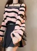 Women's Sweaters Deeptown Y2K Vintage Pink Striped Cropped Sweater Women Harajuku Off Shoulder Knitted Jumper Korean Fashion Casual Knitwear