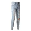 Herr jeans designer denim street byxor casual byxor bomullsblå genomborrade snäva jeans