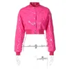 Vestes Femmes Rose Bomber Veste Femmes Zipper Faux Cuir Recadrée Automne Hiver Coupe-Vent Manteau Y2K Japonais Streetwear
