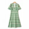 Feestjurken Groene Plaid Print V-hals Pofmouwen Midi-jurk Dames 2023 Zomer Eenvoudig en Veelzijdig Commuter Fashion Gewaad