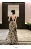 Sukienki swobodne Vintage elegancka dama długa kwiatowa druk wieczorna impreza luksusowa luksusowa sukienka z dekoltem w dekolcie chińska spódnica kobieta