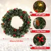 Couronnes de fleurs décoratives guirlande de noël avec lumière LED couronne de noël éclairée avec pommes de pin baies rouges décoration artificielle de l'année de noël 231102