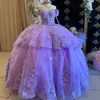 Lavanta tatlım parlak prenses quinceanera omuz dantel aplike çiçek yayı tatlı 15 16. doğum günü parti elbisesi
