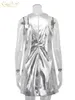 Robes décontractées de base Clacive Bodycon Sliver Pu Cuir Robe Femme 2023 Été O Cou Sans Manches Mini Streetwear Classique Feamle Robe 231101