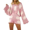 Work Dresses 2Pcs Set Women Fall Outfits Y2K Long Sleeve Off Shoulder Floral Knit Tops Zip Up Shorts 2Piece Streetwear