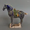 Decorative Figurines Chinese Tang Tri-Color Glazed Ceramics Blue War Horse Porcelain Statue 8.9 Inch