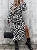 Robes décontractées Printemps Automne Femmes Lâche Maxi Robe Léopard Impression Profonde Col En V En Plein Air Élégant Dame Streetwear Longues Robes