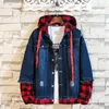 Herenjacks mannen plaid splice splitsing jas streetwear hip hop heren heren met een kapje mannelijke casual losse bovenkleding lente mode slanke jas