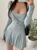 Work Dresses Korea 2023 Autumn Winter Slim Sexy Elegant Tank Mini Dress Long Sleeve Button T Shirt Two-piece Set Sweet U821