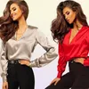 Autumn Fashion Women Shirts Casual Sexy Deep V-neck Satin Blouse Long Sleeve Button ice Lady Tops6203166