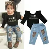 Vêtements d'hiver pour bébés filles, 2 pièces, hauts à volants, barboteuse, pantalons en Denim, tenues avec deux lettres fabuleuses, tenues à la mode