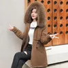 Женская пуховая парка, мода 2023, зимняя куртка, тонкая с меховым воротником, теплая зимняя одежда, мягкая одежда, длинное пальто, парки с шерстяной подкладкой и капюшоном 231101