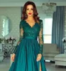 New Evening Dresses Formal Prom Party Gown A Line V-Neck Long Sleeve Floor-Length Sweep Train Applique Lace Satin long Split Illusion