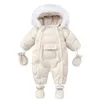 Rompers AYNIGIELL Winter born Thickening Jumpsuit Built-in Wool Hooded Down Romper Baby Boys and Girls Warm Snowproof Overalls 231101