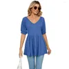 Dames blouses dames zomer top midden lengte v nek t-shirt losse zoom halve mouwen strakke taille verkleed vaste kleur puff dame