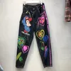 Men's Jeans Denim Overalls For Women Autumn Personalized Cartoon Graffiti Beaded Elastic Waist Straight Pants Trousers Baggy Jeans 231101