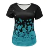Women's T Shirts Black Athletic Tee Women Fashion Comfortable Blue Print Short Sleeve V Neck Top Womens Long TeeWomen's