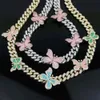 Chokers silver color micro pave cz 12mm Miami cuban link chain colorful enamel butterfly charm choker necklace for women 16" 18" 231101