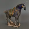 Decorative Figurines Chinese Tang Tri-Color Glazed Ceramics Blue War Horse Porcelain Statue 8.9 Inch