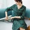 Casual Dresses Green Wave Printed Silk Dress Is Wrapped In The Spring And Summer Female 7 Minutes Of Sleeve V Neck
