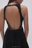Casual Dresses Women Sleeveless Long Dress Pleated Chest Pearl Beaded Decoration Big Swing Party Midi