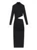 Casual Jurken Elegante Coltrui Hollow Out Maxi Jurk Vrouwen Sexy Lange Mouw Bodycon Herfst Effen Ruches Split Avondfeest