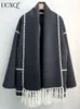 Women's Wool Blends UCXQ Vintage Woolen Overcoat With Scarf Autumn Knitted Tassels Cloak Style Mixed Color O-neck Coat Available stock fast delivery 231101
