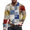 Herren-T-Shirts, Farbblock, karierte Nähte, 3D-Druck, T-Shirt, modisch, langärmelig, Sommer, lockerer Rundhalsausschnitt, Y2K-Casual-Top, Plus-Size-Kleidung