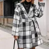 Damen-Wollmischungen, Winter-Damenmischungen, lässige Langarm-Strickjacke mit Gürtel, modisches Plaid, vorne offen, Wollmantel mit Kapuze, Taschen, Streetwear, Y2k, 231102