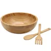 Bowls 10in Rounded Bamboo Salad Bowl With 2 Serving Utensils Spoon Large Wood Container Mixing Naturally Kitchenware Wooden