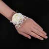 Charm Bracelets Girls Bridesmaid Wrist Flowers Pink Corsage Hand For Bride Women Party NIN668