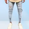 Men Male Ripped Biker Jeans White blue Knee Pleated Ankle Zipper Brand Slim Fit Cut Destroyed Skinny Jean Pants For Male Homme8504103