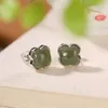 Stud Earrings 925 Sterling Silver Natural Hetian Gray Jade Ear Studs Retro Personality Simple Temperament Four-leaf Clover Women's