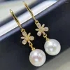 Dangle Earrings 9-11MM Natural Freshwater Pearl With 18K Flowers SOLID Ear Stud Hook Party Classic Wedding Beautiful Christmas