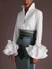 Women s T Shirt Autumn Blouses Vintage Demin Shirts 2023 Fashion Ruffles Flare Sleeve Tops Lapel Casual Loose Solid Blusas Femininas Top 231101