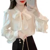 البلوزات النسائية الحلوة V-neck Ruffles Lace Up Bow Chiffon Blouse Clothing 2023 Autumn Winter Pullovers قميص أنيق