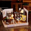 Doll House Accessories Cutebee Diy Dollhouse Mini Casa House Miniature Building Kit med möbler Led Sakura Coffee Shop Toy för födelsedagspresenter 231102