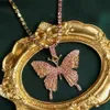 Fine Jewelry Rose Gold Micro Pave Pink CZ Cubic Zircon Diamond Cuban Link Chain Tennis Butterfly Necklace