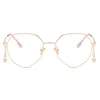 Sunglasses Clear Glasses Women Polygonal Metal Frame Eye 0 Flat Mirror Girls Chain Blue Light Fashion Eyeglasses