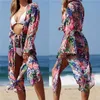 Geblümte Tunika für den Strand, Badeanzug-Vertuschungen, langes Chiffon-Strandkleid, Übergröße, Strandmode, Bikini-Vertuschung, Saida de Praia #q694, Y12180