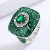 Anneaux de mariage dominant Version large émail vert pour les femmes couleur argent étincelant Zircon fête Cocktail doigt bijoux